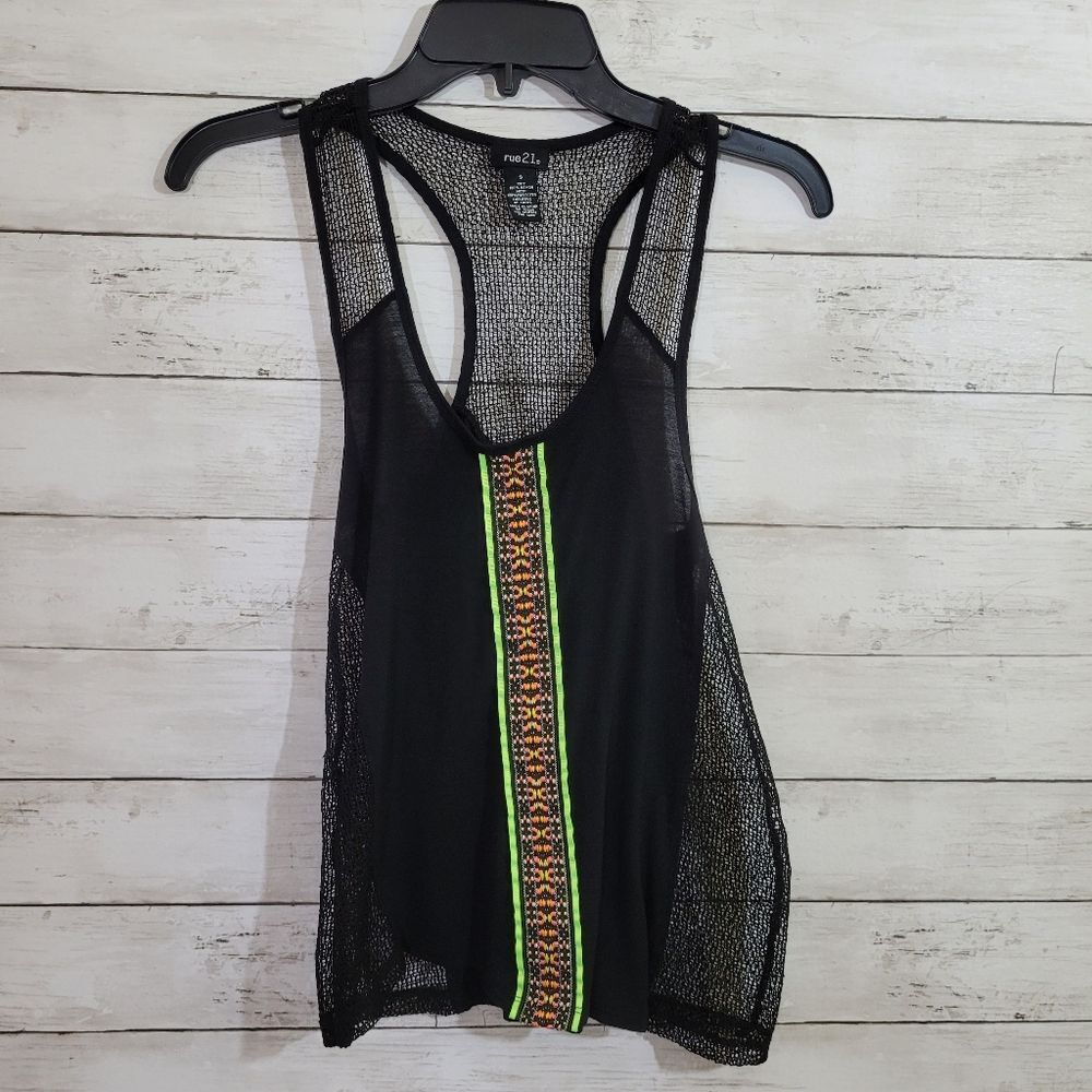 Rue 21 Sheer Crochet Net Embroidered Tank Top Florescent Green Biking Size Small